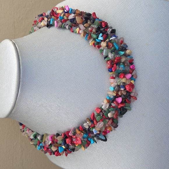 None Jewelry - Genuine Mixed Semi Precious Stone Chip Woven Collar Necklace